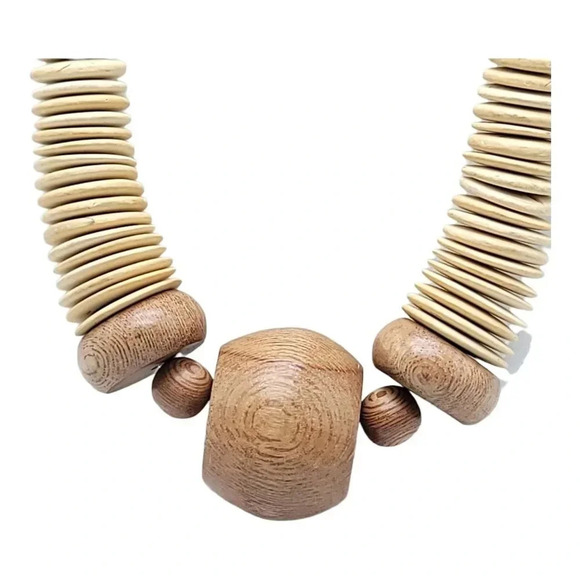 Bohemian Wooden Graduated Bead Hook And Eye Adjustable Necklace Vintage - Picture 2 of 4